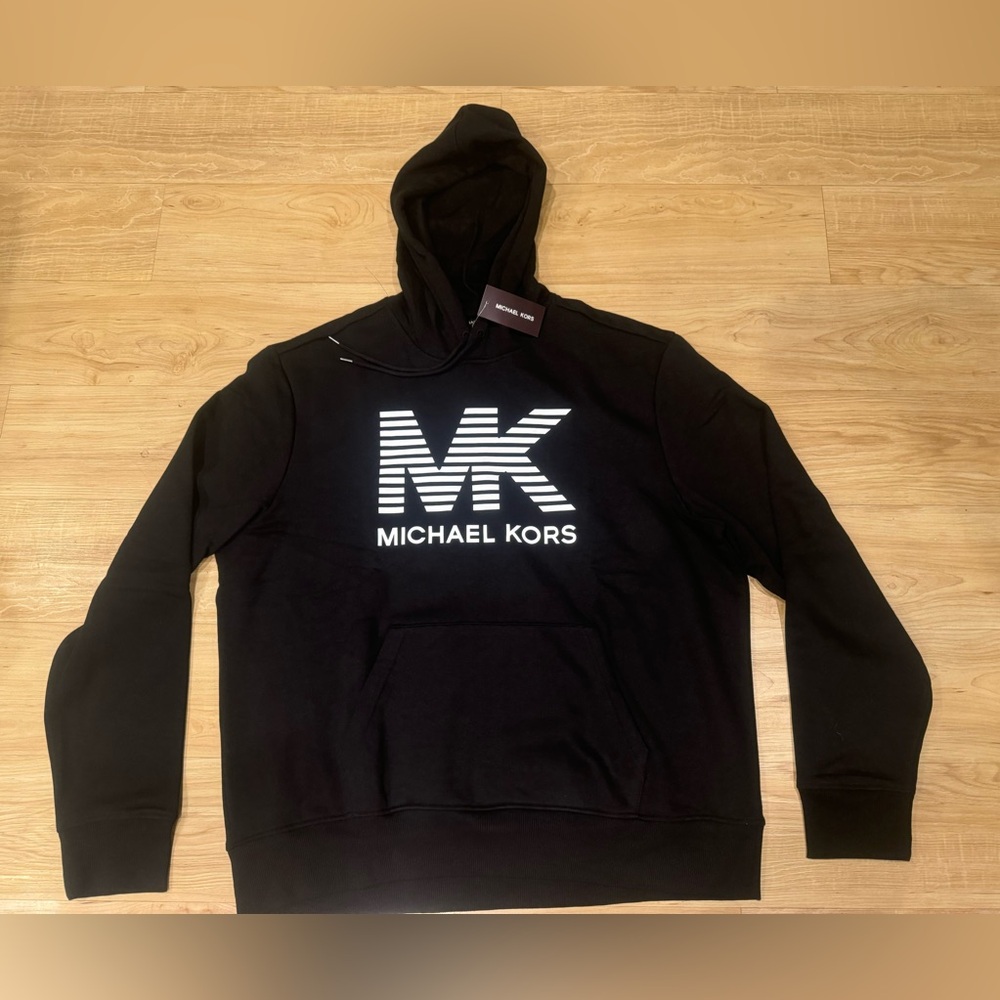 Michael Kors Men’s MK Large Stripe Logo Graphic Pullover Hoodie Black NWT XXL